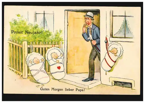 Karikatur-AK Neujahr: Guten Morgen lieber Papa! Drillinge vor der Tür, 31.12.28