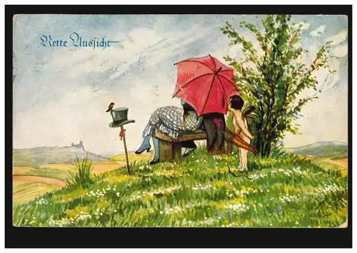 Karikatur-AK Nette Aussicht: Liebespaar mit Amor auf der Wiese, MÜNCHEN4.4.1925