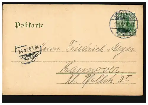 AK Göttingen: Fontaine du marché et Oiegelies'l, 9.1.1907 vers HANNOVER 10.1.07