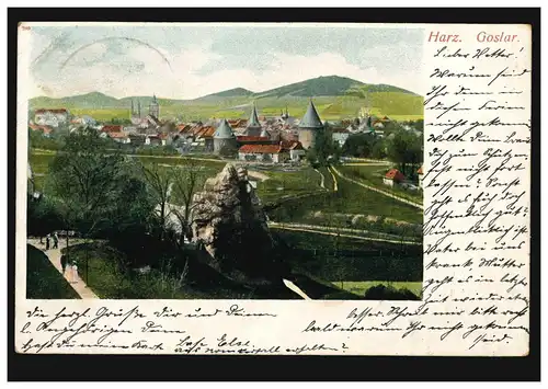 AK Harz Goslar: Panorama, per Bahnpost HALLE/SAALE - HANNOVER ZUG 536 - 15.7.02