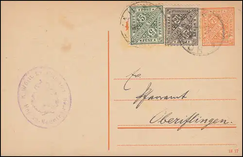 Württemberg Dienstpostkarte DP 45/05 mit ZF HOPFAU 5.11.1919 nach Oberifingen