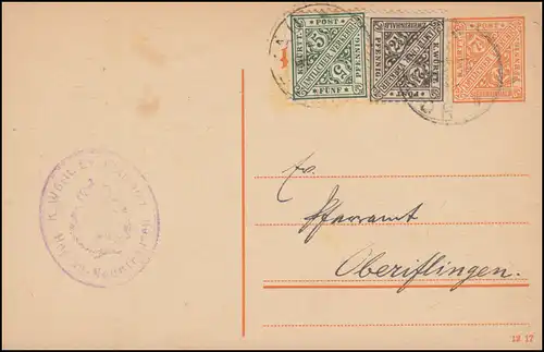 Wurtemberg Carte postale DP 45/05 avec ZF HOPFAU 5.11.1919 vers Oberifingen