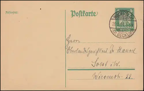 Postkarte P 156I aus WADERSLOH (Kr. BECKUM) 20.11.1924 nach Soest / Westfalen