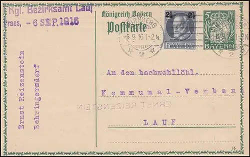 Bayern Postkarte P 93/03 mit ZF111A aus NÜRNBERG 6.9.1916 nach Lauf
