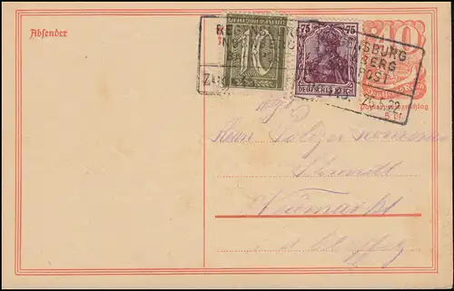 Postkarte P 141I mit ZF per Bahpost REGENSBURG-NÜRNBERG ZUG 445 - 26.5.1922