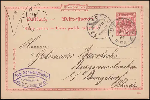 Carte postale P 25/01 avec DV 894c de BERLIN 37 - 1.12.1894 vers KALCHOFEN 3.12.94