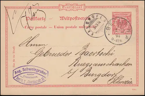 Postkarte P 25/01 mit DV 894c aus BERLIN 37 - 1.12.1894 nach KALCHOFEN 3.12.94