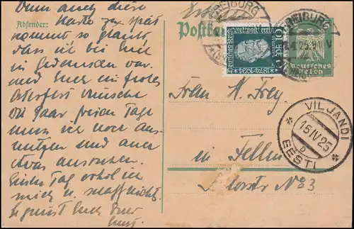 Postkarte P 156I mit ZF 368 aus FREIBURG 11.4.1925 nach VILJANDI/EESTI 15.4.25