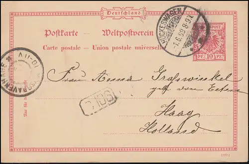 Carte postale P 25/02 avec DV 1197f de HÜCKESWAGEN 1.6.1899 vers s'GRAVENHAGE 2.6.
