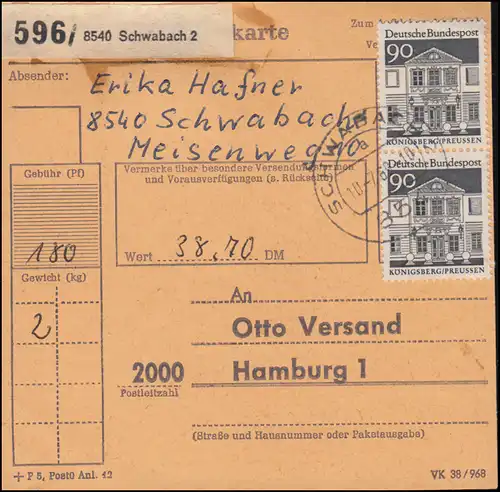 499 Bauwerke 90 Pf als MeF auf Paketkarte SCHWABACH 2 -10.7.1969