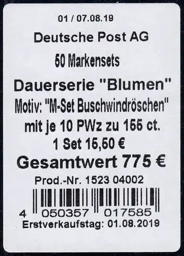 FB 91a Blume Buschwindröschen, Folienblatt-BANDEROLE Zusatz: Deutsche Post AG