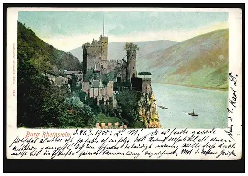 AK Burg Rheinstein, Bahnpost CÖLN (RHEIN) - FRANKFURT (MAIN), ZUG 114 - 21.1.1900