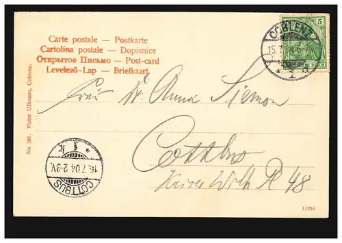 AK Coblenz: Kaiser-Wilhelm-Denkmal, 15.7.1904 nach COTTBUS 16.7.04