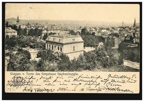 AK Giessen vom Turm des Corpshaus Starkenburgia, 23.4.1905 nach Brüssel/Belgien