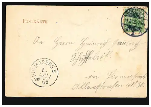 AK Heidelberg Königstuhl, 1.8.1905 après PIRMASENS 2.8.05