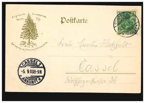 AK Stolberg von Süden, STOLBERG (HARZ) 5.9.1903 nach CASSEL 1 ANKUNFT 5.9.03