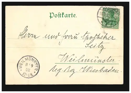 AK Hamburg: An der Alster, 10.9.1902 nach WEILMÜNSTER 11.9.02
