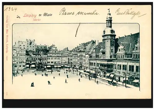 AK Leipzig: Markt, per Bahnpost LEIPZIG-SAALFELD 11.3.1905 nach Paris 
