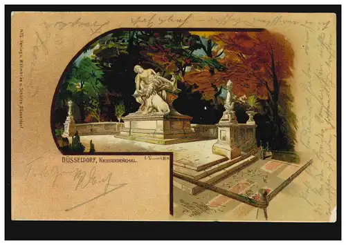 AK Düsseldorf: Kriegerdenkmal, DÜSSELDORF 6 i - 14.6.1899 nach RUHRORT 15.5.99