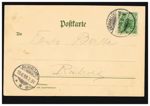AK Düsseldorf: Kriegerklönkmal, DÜSSELDORF 6 i - 14.6.1899 vers RUHRORT 15.5.99