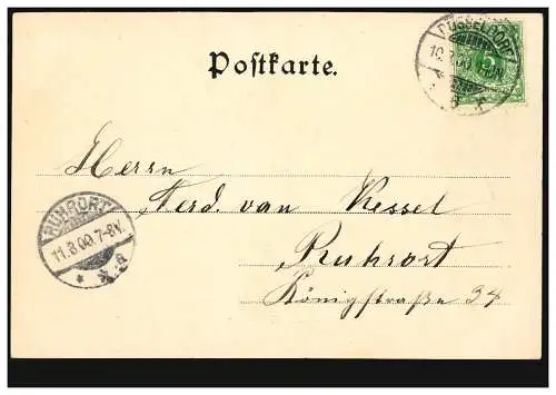 AK Düsseldorf: Alter Bahnhof - Graf Adolf-Platz, 10.3.1900 nach RUHRORT 11.8.00