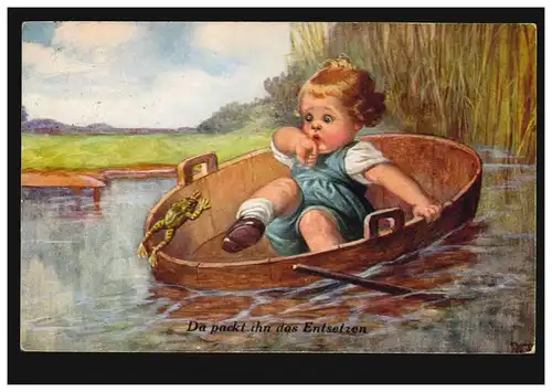 Caricature-AK Il est effrayé - Grenouille saute au bateau à l'enfant, 1926