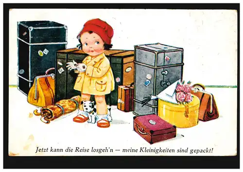 Karikatur-AK Jetzt kann die Reisen losgeh'n - meine Kleinigkeiten sind gepackt!