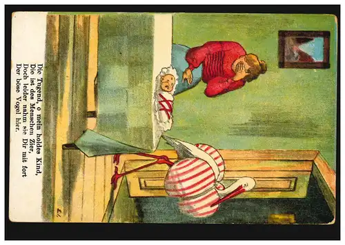 Karikatur-AK Gedicht Der böse Vogel hier: Storch bringt Säugling, ungebraucht