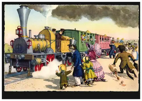 Karikatur-AK Vermenschlichte Katzen: Ankunft der Eisenbahn, Max Künzli