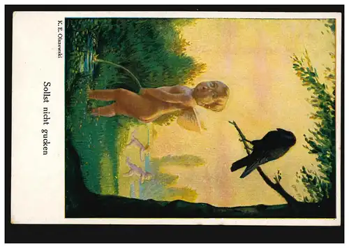 Caricature-AK K.E. Olszewski: Ne regarde pas les anges et le corbeau, sans usage