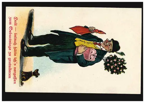 Karikatur-AK Knoten im Taschentuch: Beinah den Geburtstag vergessen!, 1920