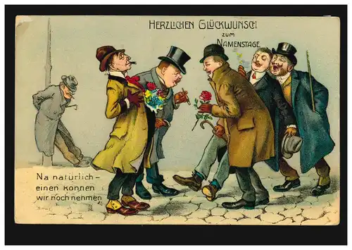 Karikatur-AK Namenstage Na natürlich - einen können wir noch nehmen! gelaufen