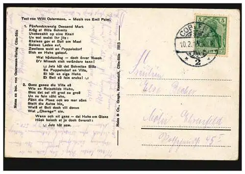 Karikatur-AK Villa-Billa Carneval-Lied 1913, COBLENZ 10.2.1913 