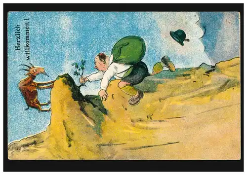 Caricature-AK Bienvenue! - Rencontre Gemse avec alpiniste inutile