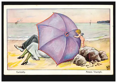 Caricature AK Curiosity Amor Triumph Le couple d'amour sous parasol