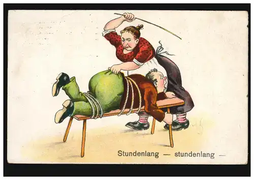 Karikatur-AK Frau verprügelt Ehemann "Stundenlang - stundenlang", FRANKFURT 1923