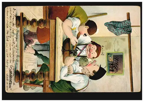 Karikatur-AK Drei Männer beim Knödel-Essen, beschriftet