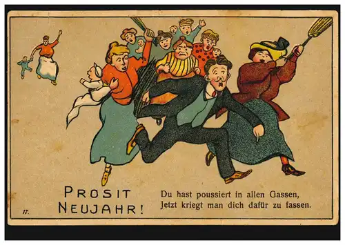 Karikatur-AK Der Heiratsschwindler wird gejagt Prosit Neujahr! HALLE/SAALE 1912
