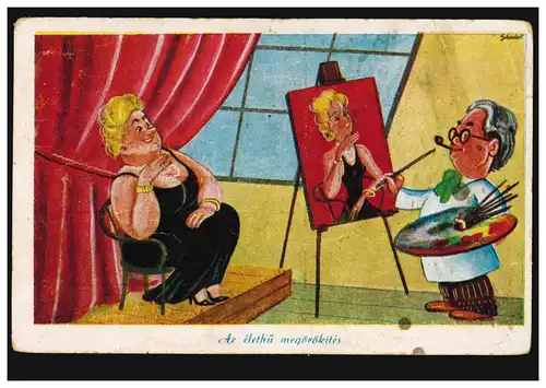 Karikatur-AK Der Maler: Aus dick mach dünn - Aus alt mach jung, EGER 1941