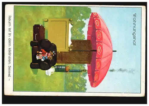 Karikatur-AK Wohnungsnot: Raum ist in dem kleinsten Sessel, ungebraucht