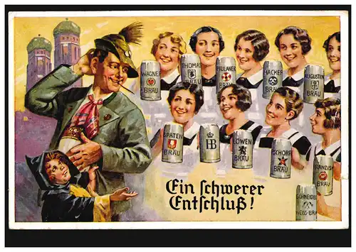 Karikatur-AK Ein schwerer Entschluß! - Welches Bräu ist das Beste? WÜRZBURG 1931