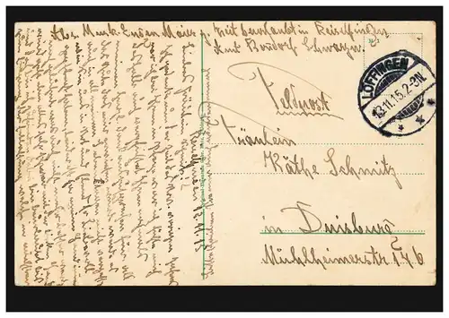 AK Wutachtal: Wutachmühle, Feldpost LÖFFINGEN 13.11.1915 nach Duisburg
