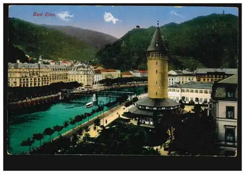 AK Bad Ems: Panorama avec Tour de source et Lahn, Feldpost 12.9.1915