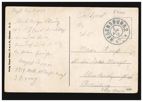 AK Regensbeurg Porto Prätoria, Feldpost Zweikreisstempel REGENSBURG 2.4.1918