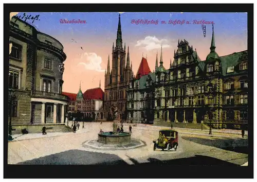 AK Wiesbaden: Schlossplatz mit Schloss und Rathaus, Feldpost WIESBADEN 30.3.1917
