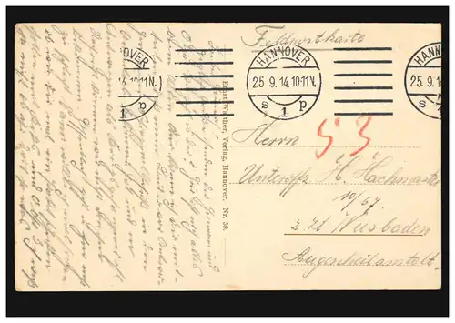 AK Hanovre: Neue Mairie, Feldpost HANNOVER s 1 p 25.9.1914 vers Wiesbaden
