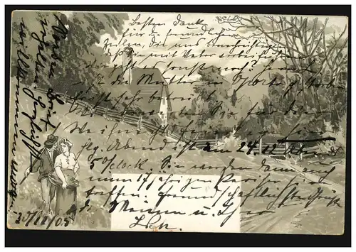 AK Idylle villageoise avec paysanne et paysan, OBELAHNSTEIN 1.12.1905