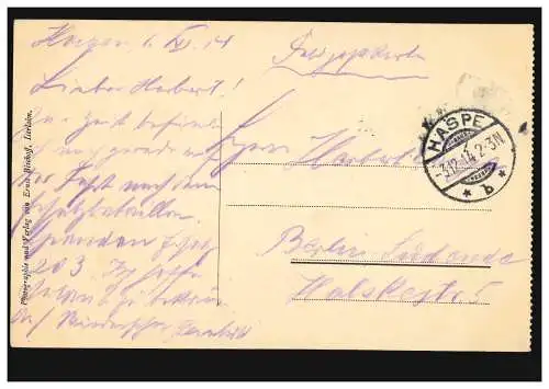 AK Iserlohn: Hangsbergweg, Feldpost HASE 3.12.1914, cachet fort