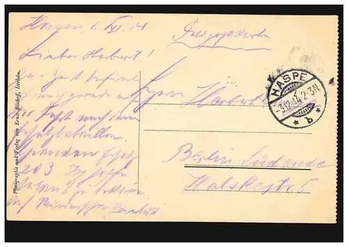 AK Iserlohn: Hangsbergweg, Feldpost HASPE 3.12.1914, kräftiger Stempel