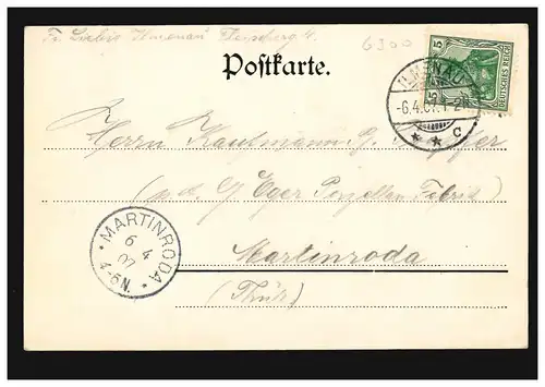 AK Gabbelbach bei Ilmenau, ILMENAU 6.4.4.1907 vers MARTINRODA 6.4.07
